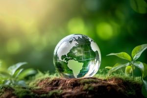 Bola de vidro representando a Terra, colocada em cima da terra e com plantas ao redor