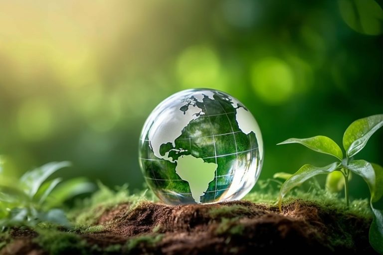 Bola de vidro representando a Terra, colocada em cima da terra e com plantas ao redor