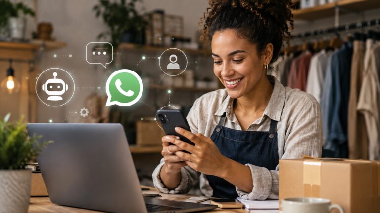 mulher, negra, dona de loja de roupas, usando a ferramenta da Claro Empresas e Blip de IA