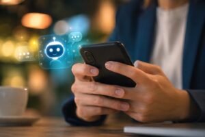 homem mexe no celular e aparece ícones de IA