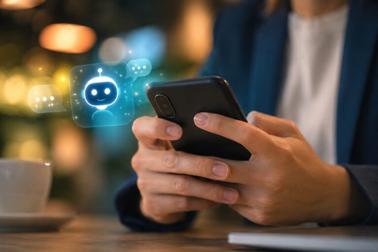 homem mexe no celular e aparece ícones de IA